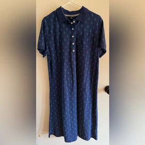Lands End Shirtdress Navy Blue Green‎ Anchor Pattern Short Sleeve Nautical Boat